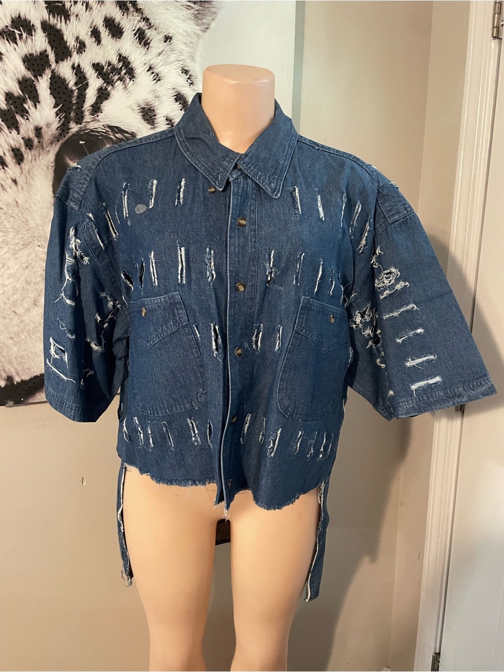 Premier international distressed slashed cut  high low denim shirt top lux XL